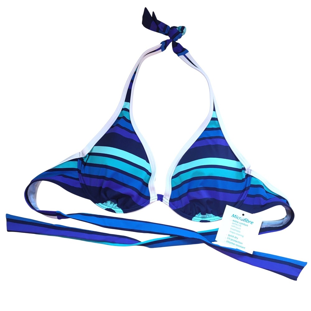Lascana for Venus Striped Underwire Halter‎ Bikini Top B Blue NWT